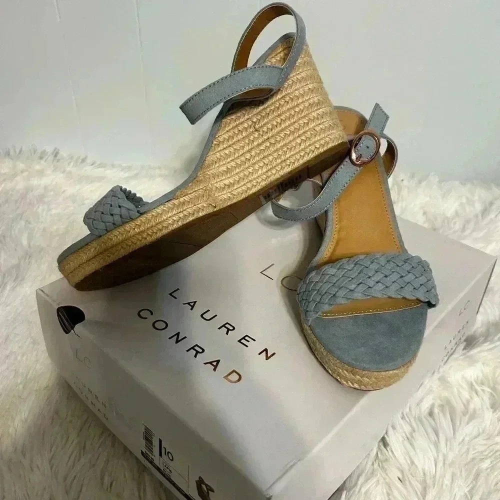 LC Lauren Conrad Lapis Blue Braided Espadrille Wedge Sandal Women 10 Memory Foam